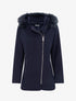 Manteau mi-long à zip asymétrique et capuche en fourrure - Marine - 1