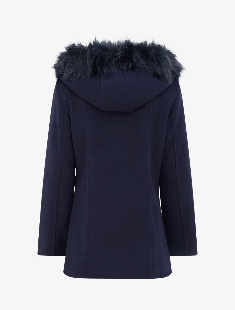 Manteau mi-long à zip asymétrique et capuche en fourrure - Marine - 2