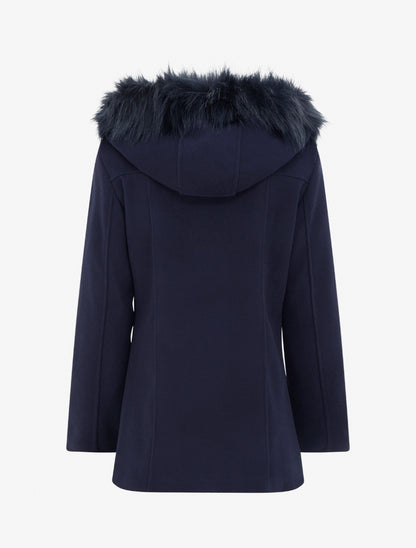 Manteau mi-long à zip asymétrique et capuche en fourrure - Marine - 2