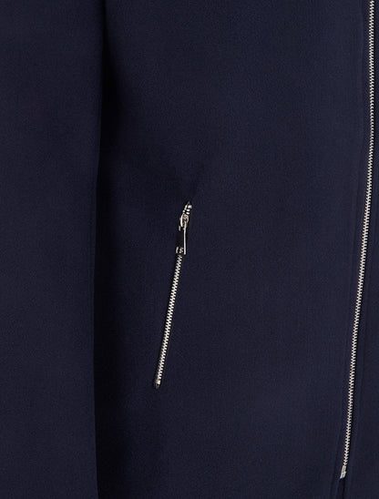Manteau mi-long à zip asymétrique et capuche en fourrure - Marine - 3