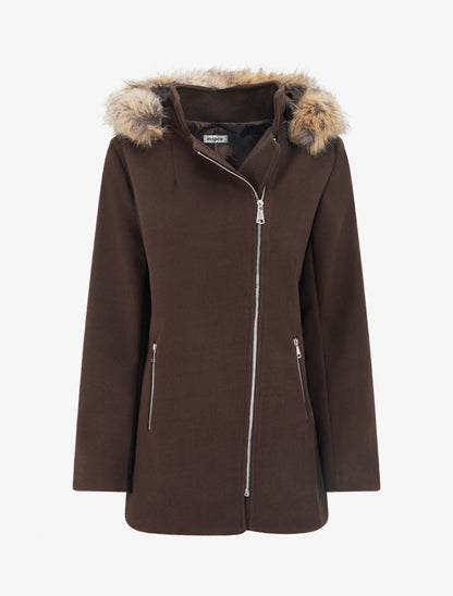 Manteau mi-long à zip asymétrique et capuche en fourrure - Marron - 1