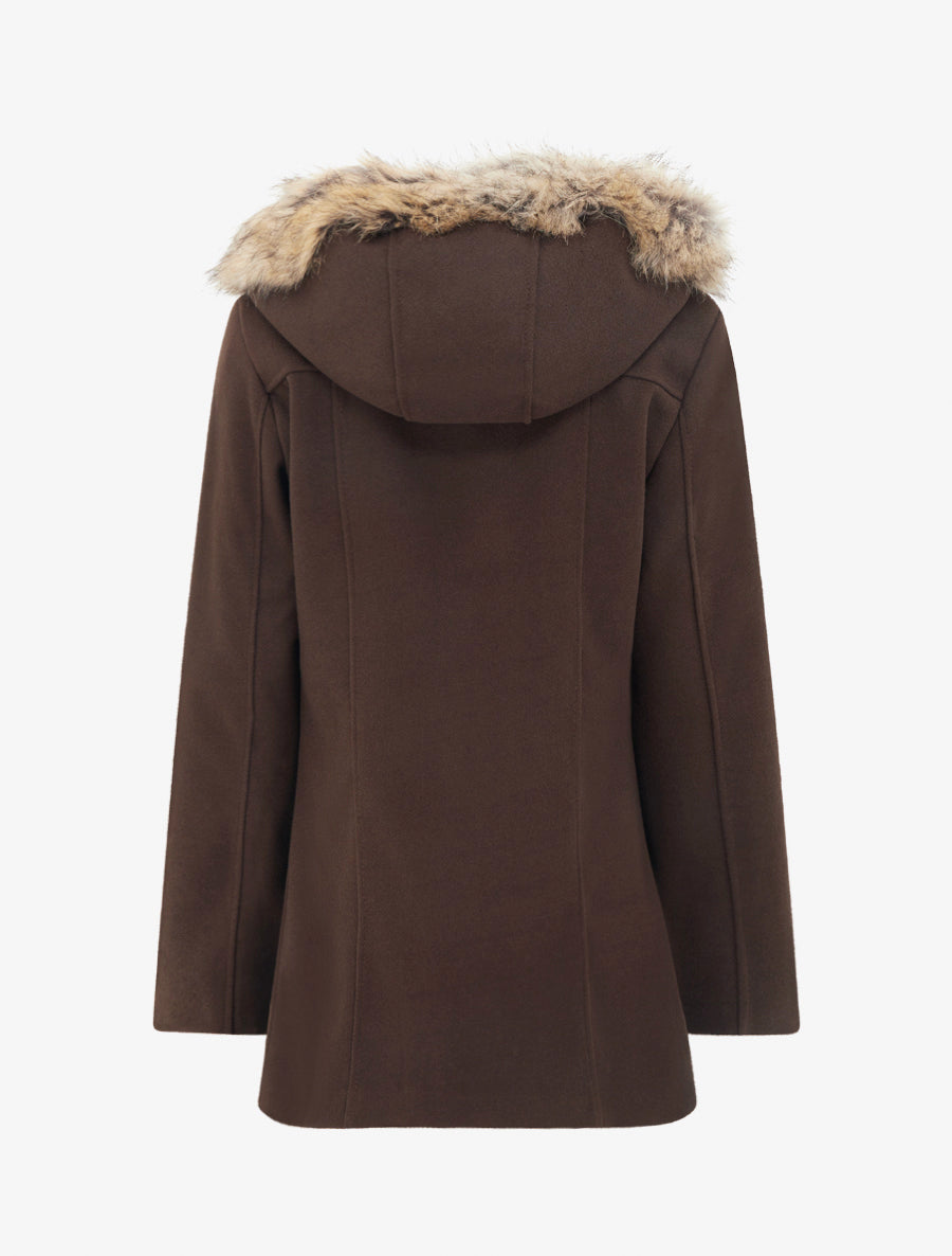 Manteau mi-long à zip asymétrique et capuche en fourrure - Marron - 2