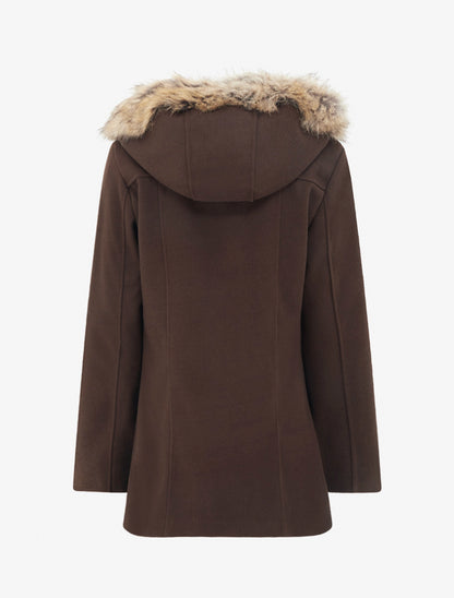 Manteau mi-long à zip asymétrique et capuche en fourrure - Marron - 2
