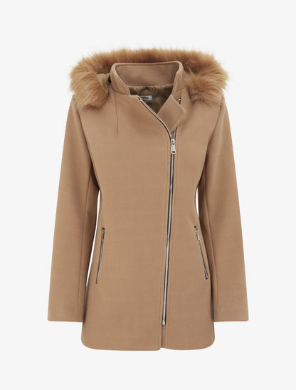 Manteau mi-long à zip asymétrique et capuche en fourrure - Camel - 1