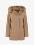 Manteau mi-long à zip asymétrique et capuche en fourrure - Camel - 1