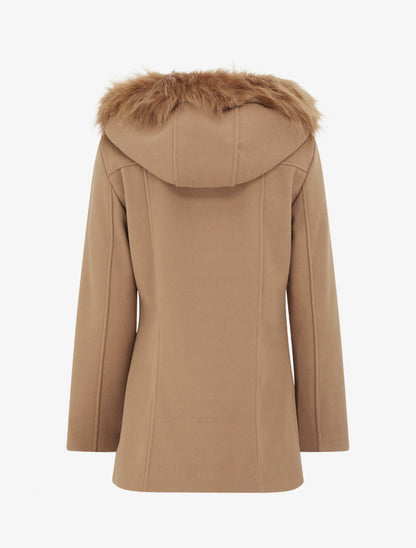 Manteau mi-long à zip asymétrique et capuche en fourrure - Camel - 2