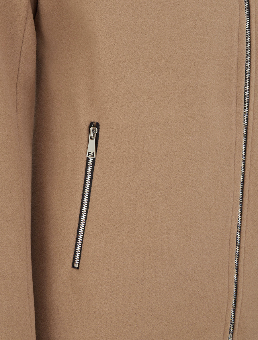 Manteau mi-long à zip asymétrique et capuche en fourrure - Camel - 3