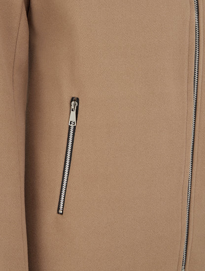 Manteau mi-long à zip asymétrique et capuche en fourrure - Camel - 3