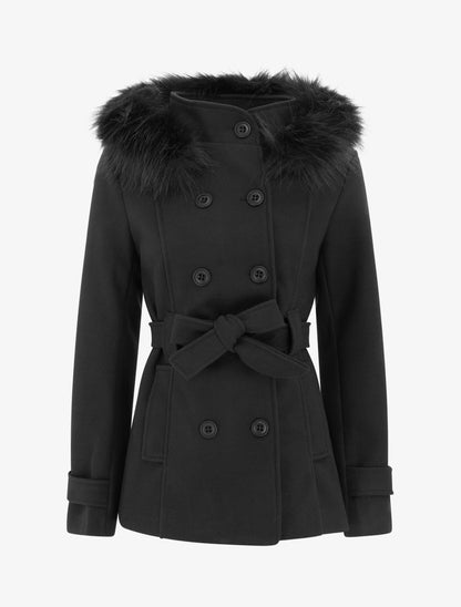 Manteau ceinturé à fermeture croisé et capuche amovible - Noir - 1
