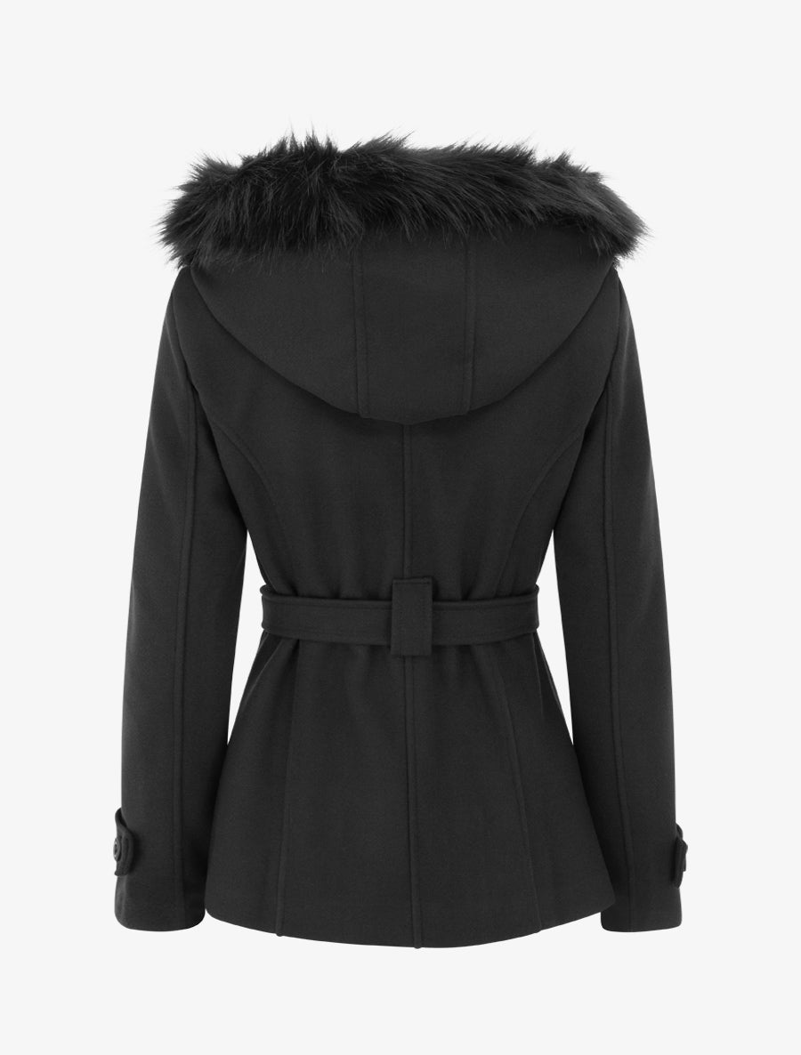Manteau ceinturé à fermeture croisé et capuche amovible - Noir - 2