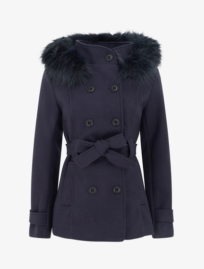 Manteau ceinturé à fermeture croisé et capuche amovible - Marine - 1
