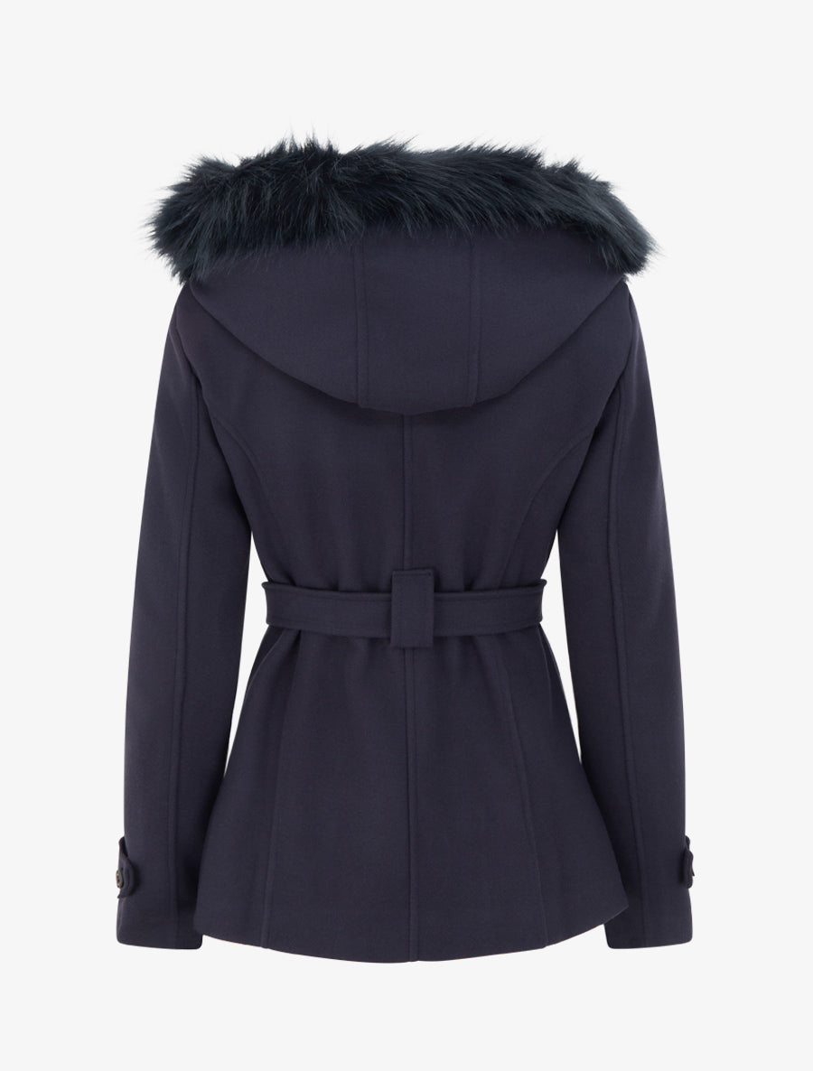 Manteau ceinturé à fermeture croisé et capuche amovible - Marine - 2