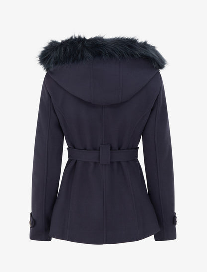 Manteau ceinturé à fermeture croisé et capuche amovible - Marine - 2