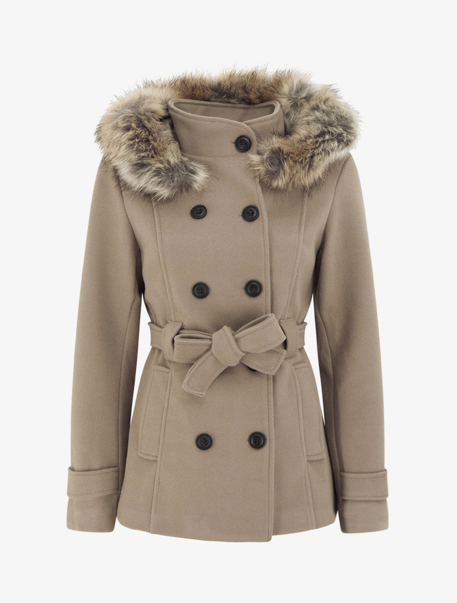 Manteau ceinturé à fermeture croisé et capuche amovible - Taupe - 1