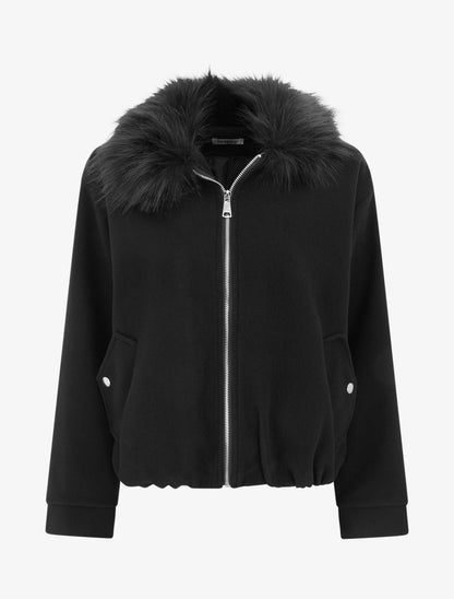 Veste style bomber col fourrure ton sur ton - Noir - 1