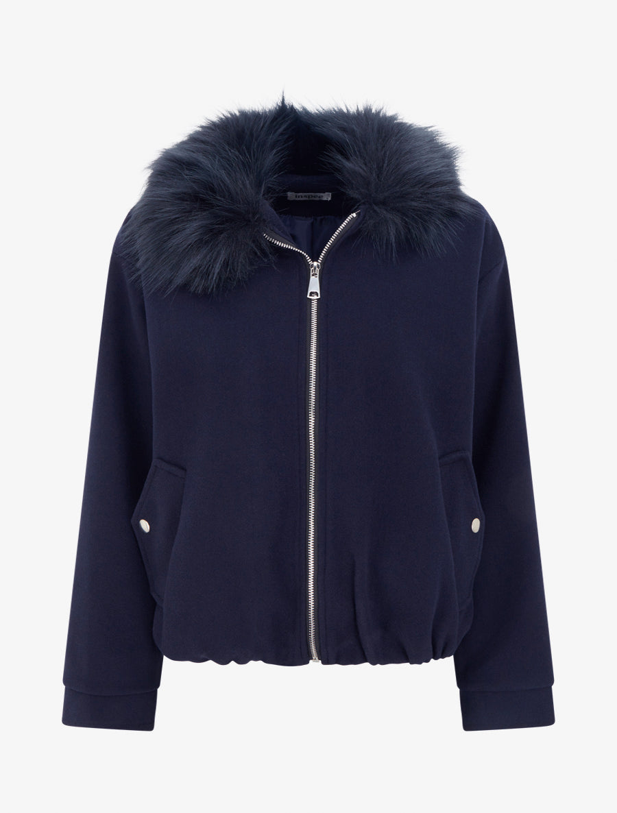 Veste style bomber col fourrure ton sur ton - Marine - 1