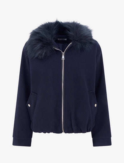 Veste style bomber col fourrure ton sur ton - Marine - 1