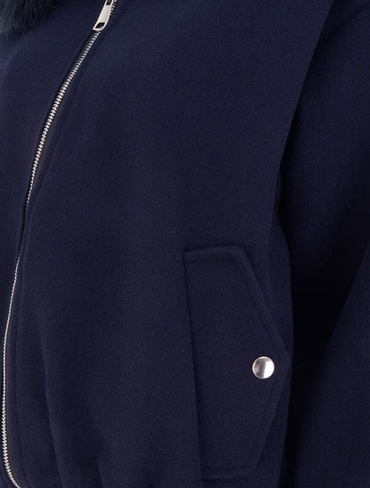 Veste style bomber col fourrure ton sur ton - Marine - 3