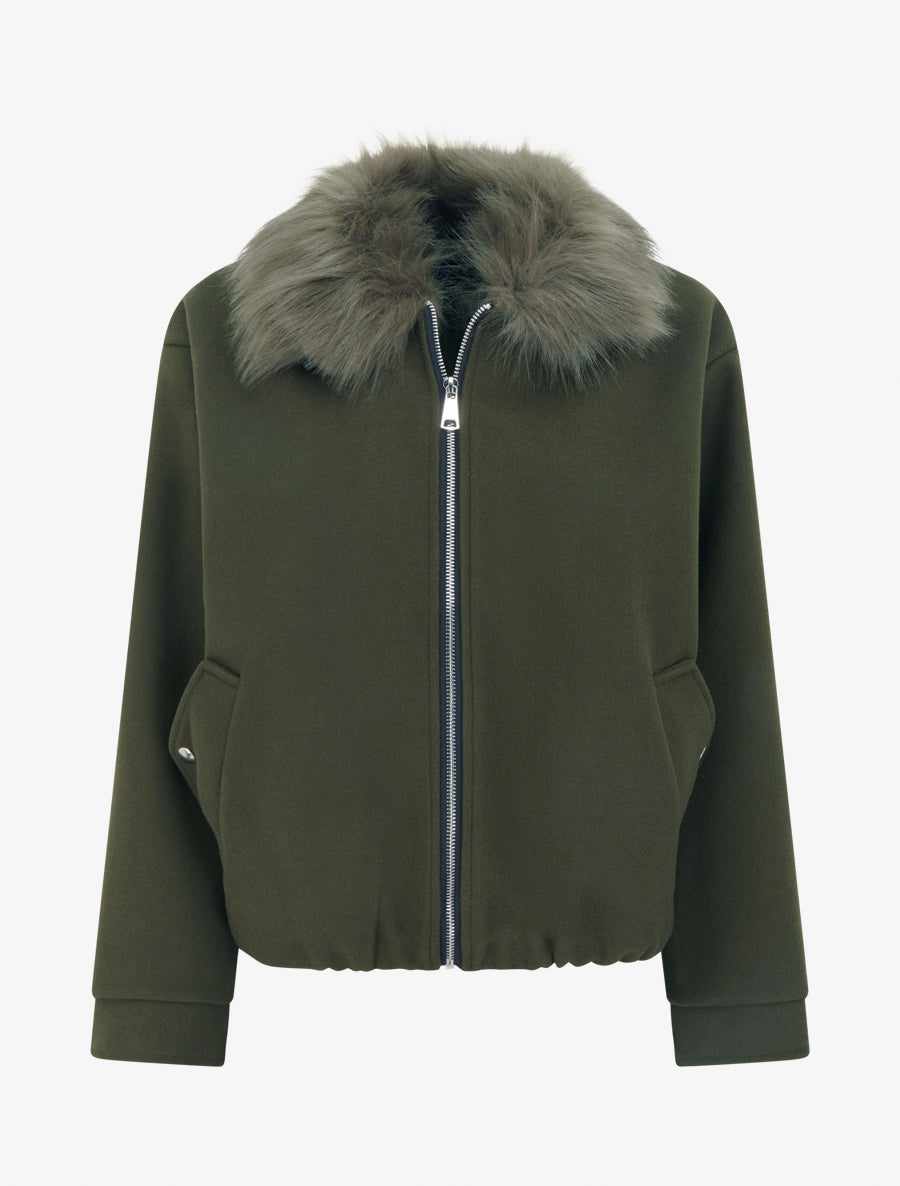Veste style bomber col fourrure ton sur ton - Kaki - 1