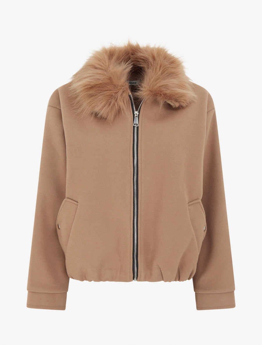 Veste style bomber col fourrure ton sur ton - Camel - 1
