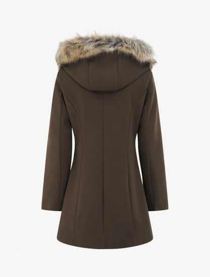 Manteau long à capuche ornée de fourrure synthétique - Marron - 2