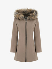 Manteau long à capuche ornée de fourrure synthétique - Taupe - 1