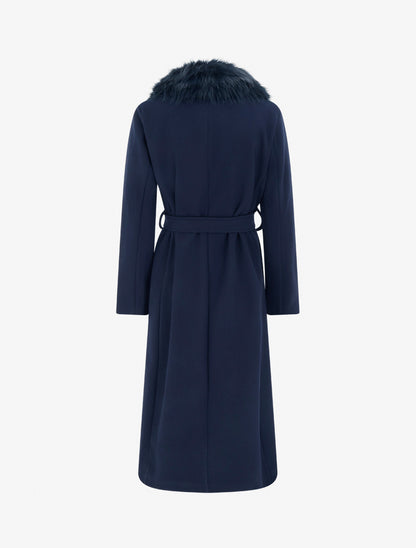 Manteau long ceinturé à fourrure synthétique amovible - Marine - 2