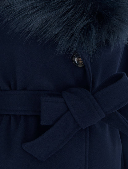 Manteau long ceinturé à fourrure synthétique amovible - Marine - 3
