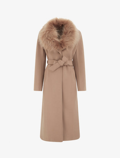 Manteau long ceinturé à fourrure synthétique amovible - Camel - 1