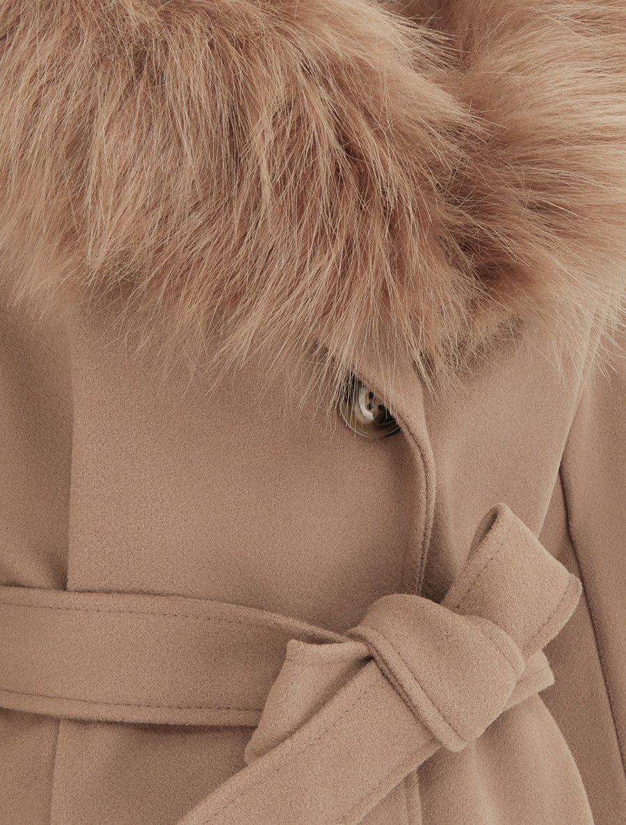 Manteau long ceinturé à fourrure synthétique amovible - Camel - 3