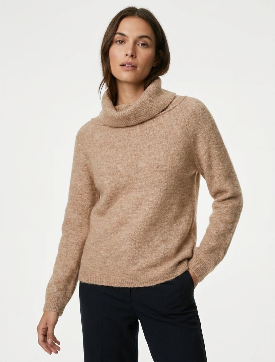 Suéter de lana mezclada con cuello alto - Beis