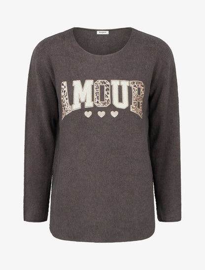 Pull uni floqué à col rond - Taupe foncé - 1
