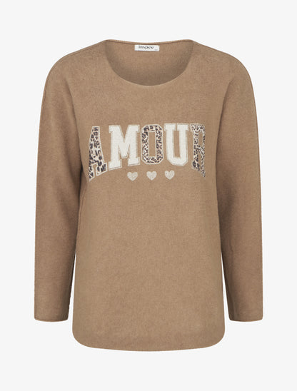 Pull uni floqué à col rond - Camel - 1