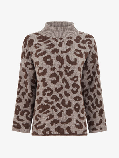 Pull léopard à col montant - Taupe - 1