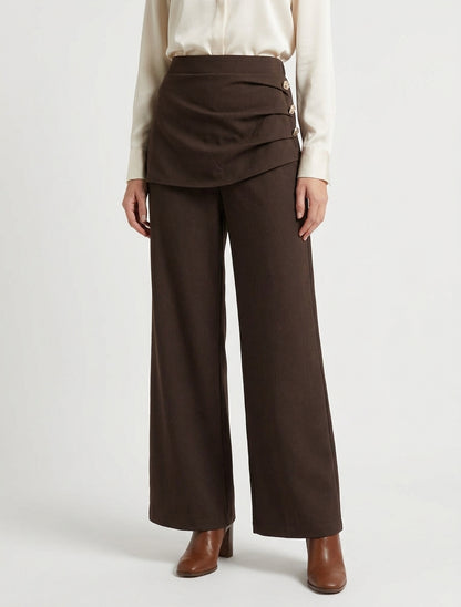 Pantalón ancho de talle alto y drapeado - Marrón