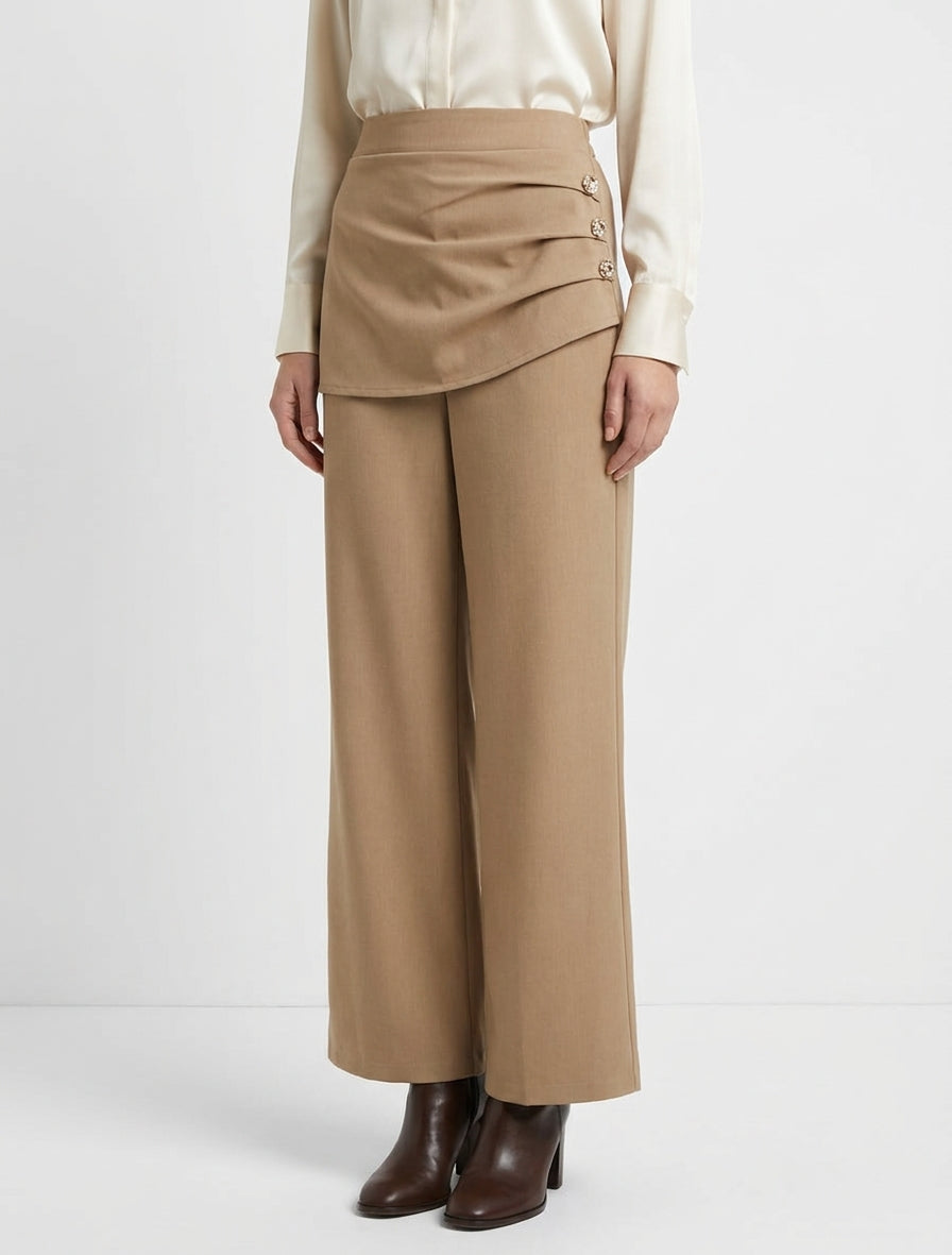 Pantalón ancho de talle alto y drapeado - Camello claro