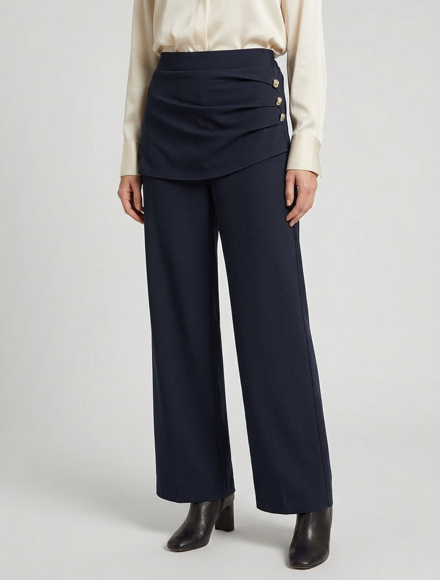 Pantalón ancho de talle alto y drapeado - Marine