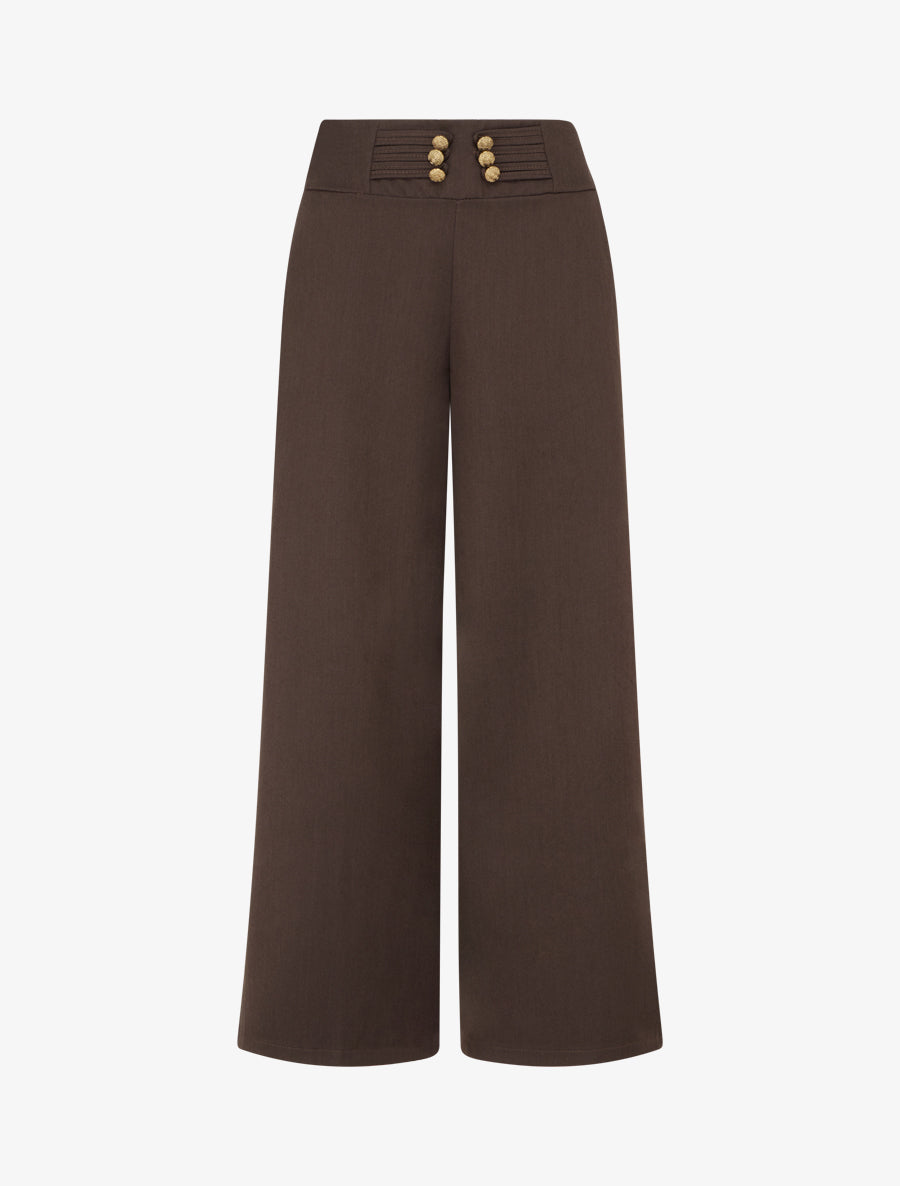 Pantalon élastiqué à boutons décoratifs - Marron - 1