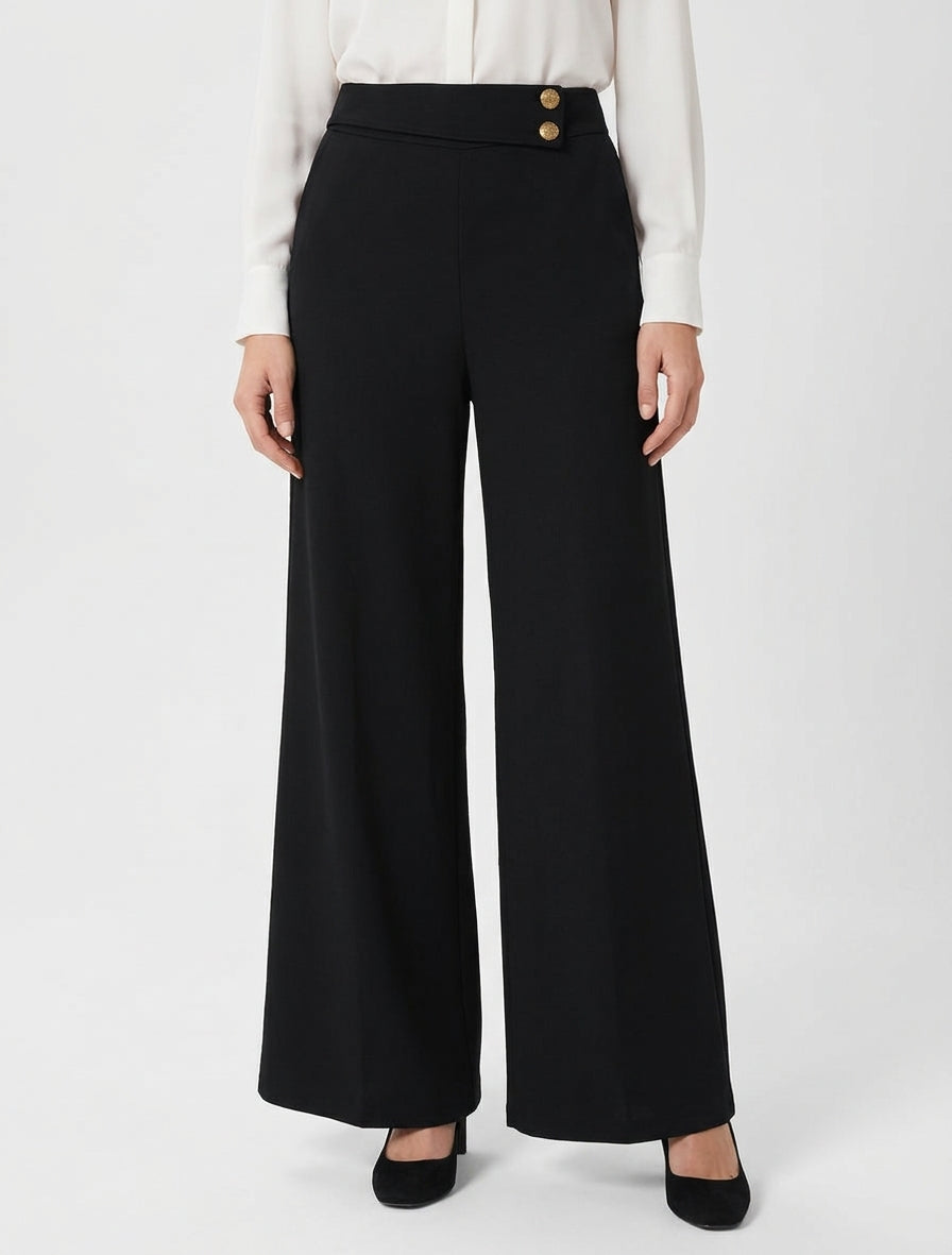 Pantalón ancho de cintura alta elástica - Negro
