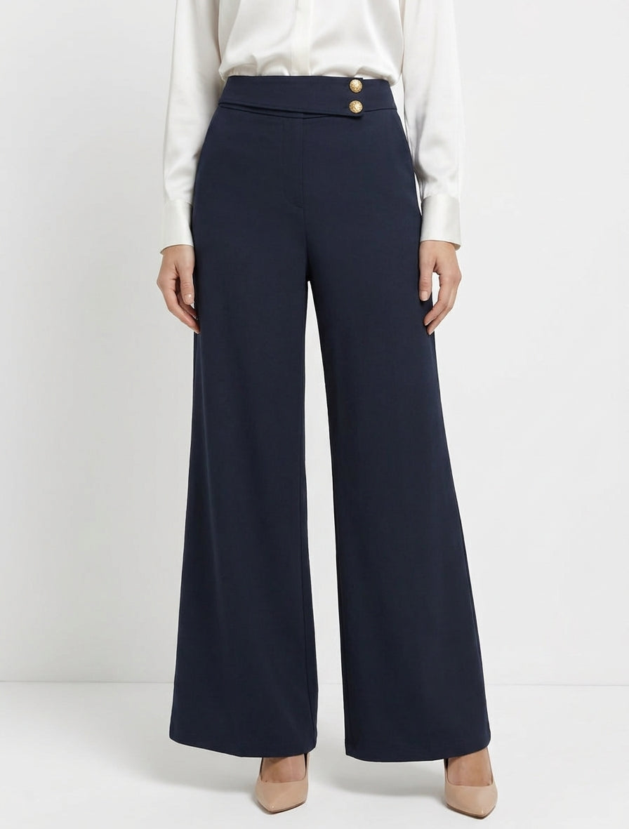 Pantalón ancho de cintura alta elástica - Marine