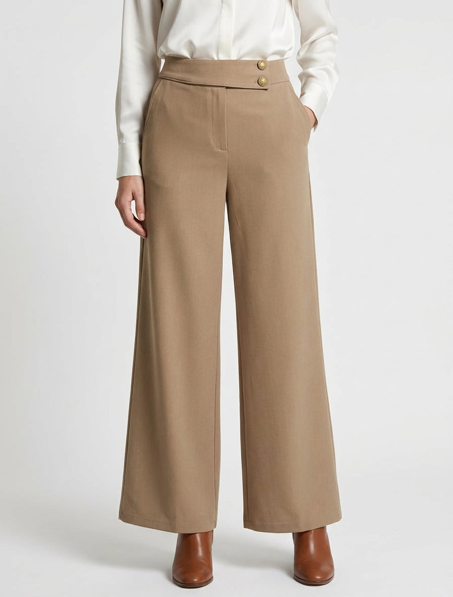 Pantalón ancho de cintura alta elástica - Camello claro