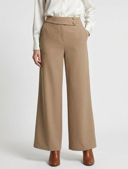 Pantalón ancho de cintura alta elástica - Camello claro