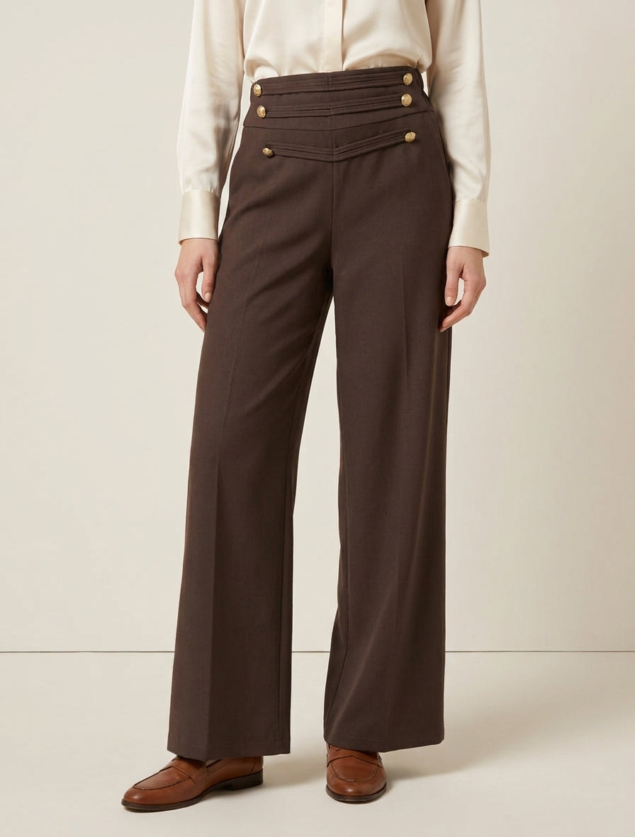 Pantalón de puente con botones decorativos - Marrón