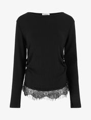 Pull côtelé bas dentelle et côtés froncés - Noir - 1