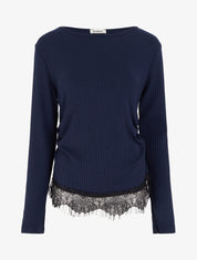 Pull côtelé bas dentelle et côtés froncés - Marine - 1