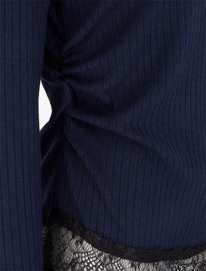 Pull côtelé bas dentelle et côtés froncés - Marine - 3