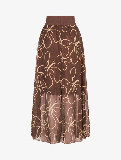 Jupe longue en voile à fleurs dessinées - Marron - 2