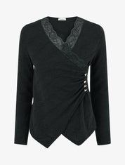 Pull fin à col V en dentelle - Noir - 1
