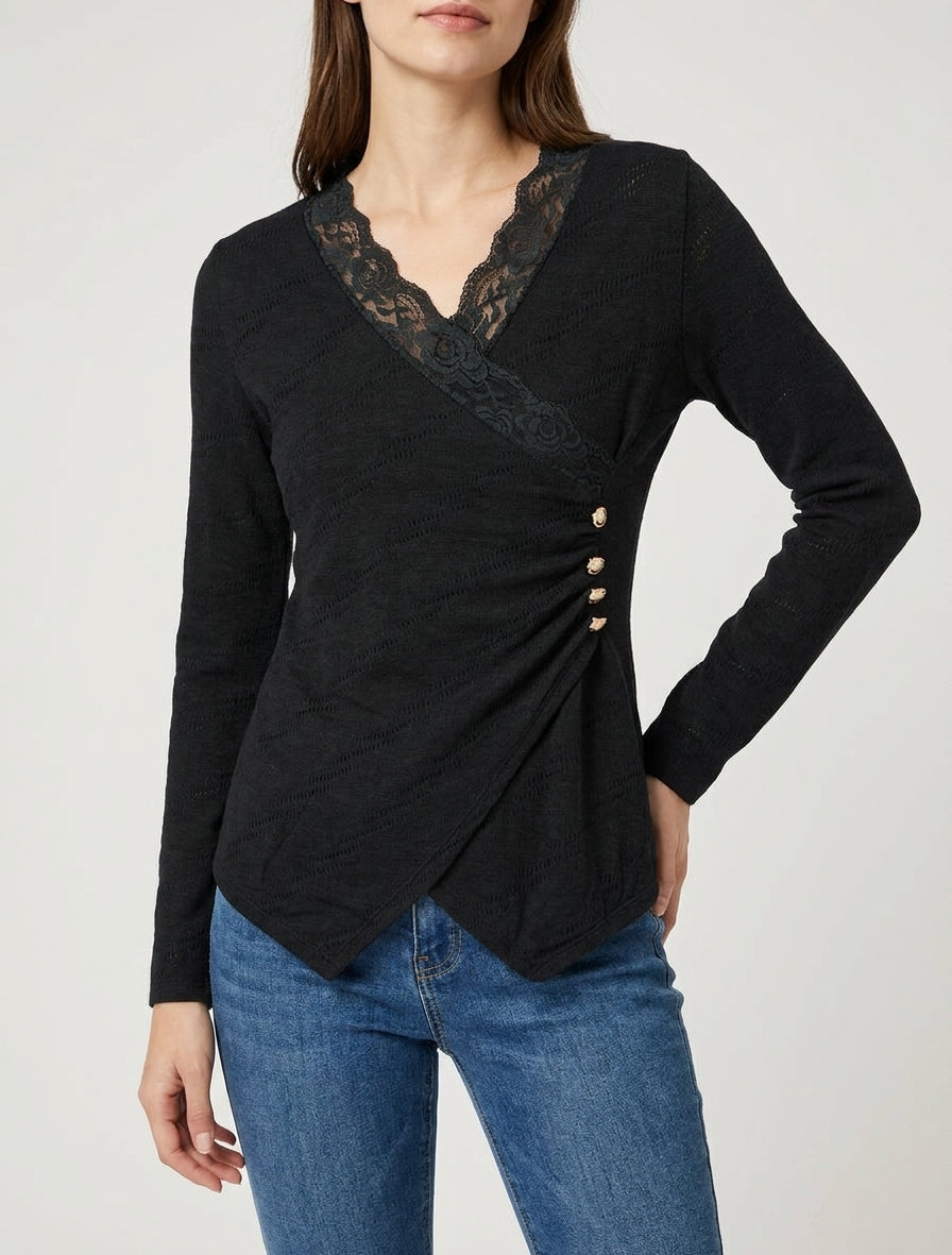 Suéter fino con cuello en V de encaje - Negro
