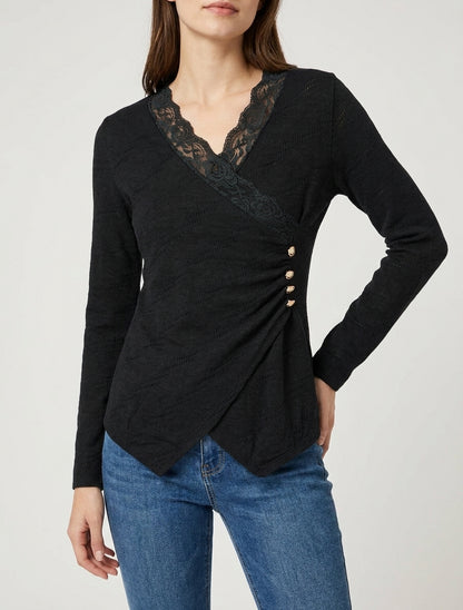 Suéter fino con cuello en V de encaje - Negro